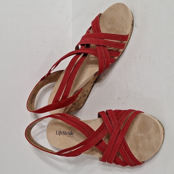 Life Stride (NEW) Red Mallory Stretch Strappy Wedge Comfort Sandals Size 9.5 - Picture 3 of 11